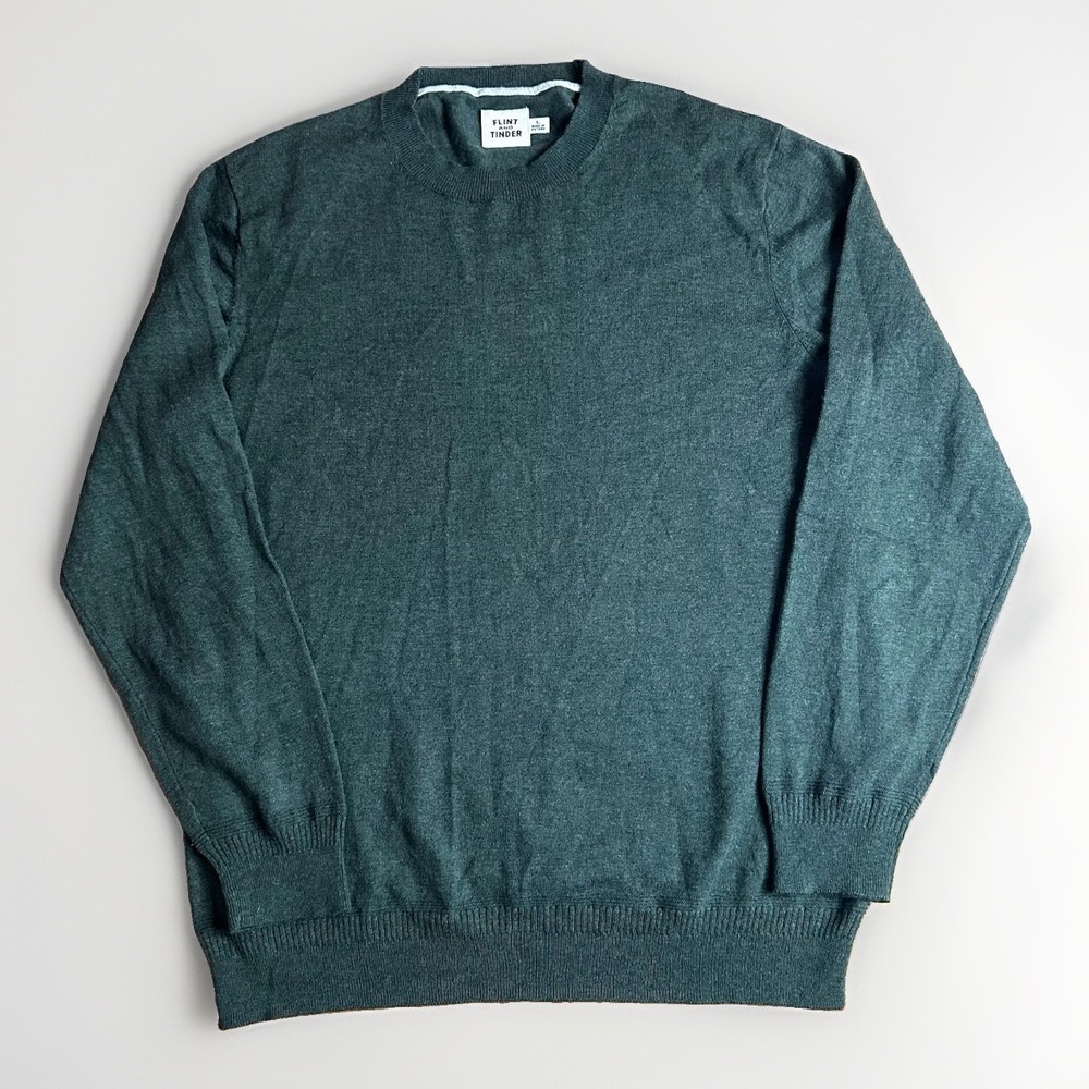 Flint & Tinder Sweater Mens Large Green Merino Wool Blend Crewneck Lightweight